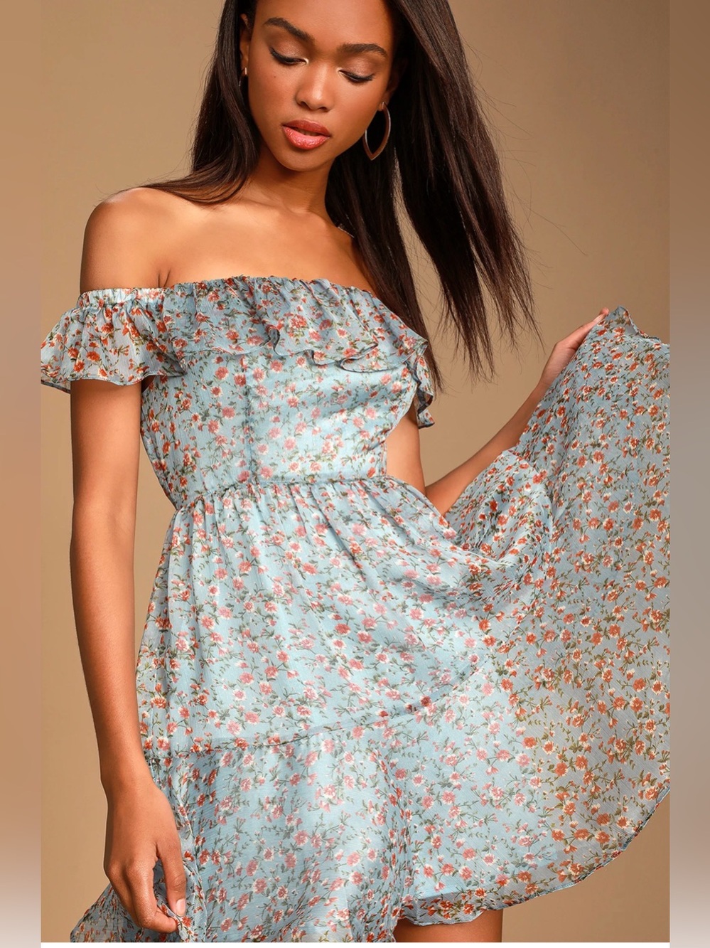 Lulu's Light Blue Off-Shoulder Floral Mini Dress, Size Small